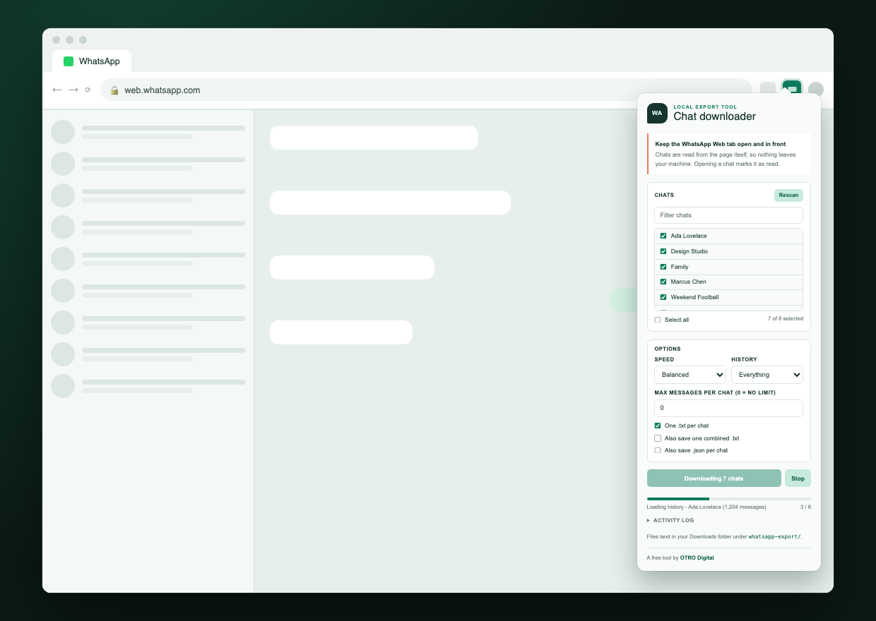 The Chat Exporter popup open in Chrome on WhatsApp Web, part-way through exporting seven selected chats, with a progress bar reading three of eight.